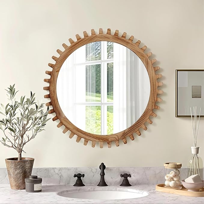 ULIKE Round Wood Mirror, 30 Inch Rustic Farmhouse Circle Mirror - Image 2
