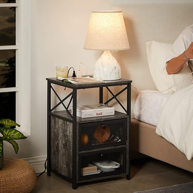 VECELO Oak Gray End Table with USB Ports and Outlets, 24 Inch Nightstands with - Image 5