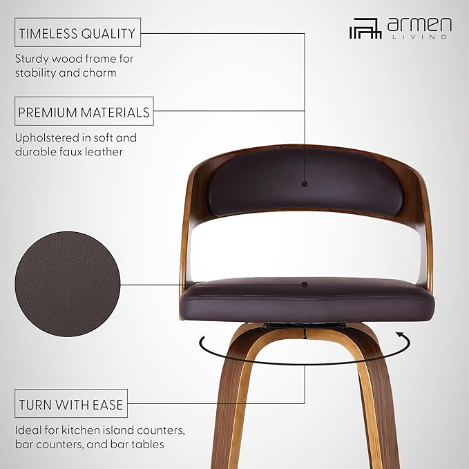 Armen Living Shelly 26" Counter Height Swivel Brown Faux Leather and Walnut - Image 3