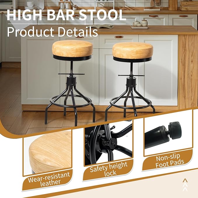 Swivel Bar Stools Set of 2 Adjustable Swivel Round Barstools Modern PU Leather - Image 6