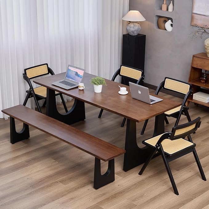 Walnut Color Long Bench Solid Wood Top Metal Legs U-Shaped Design Durable - Image 6