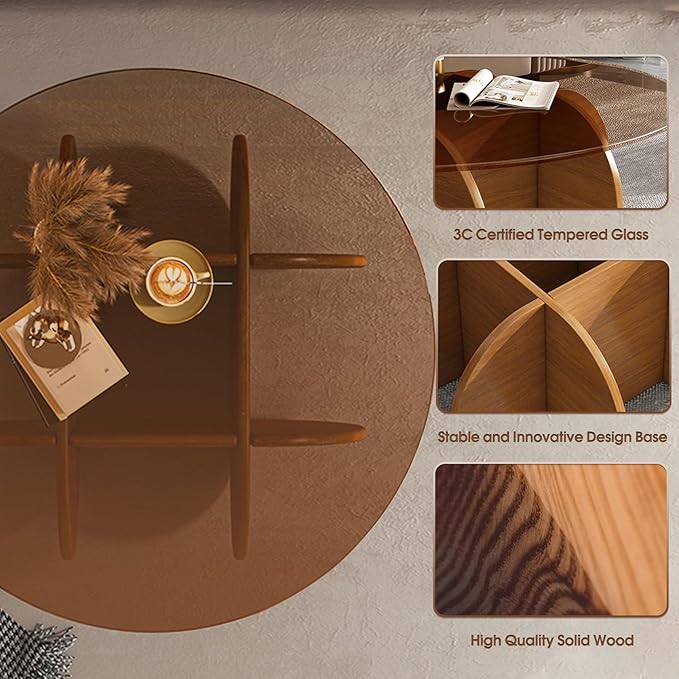 Modern Round Coffee Table with Solid Wood Legs, 31.5'' Glass Coffee Tables - Image 3