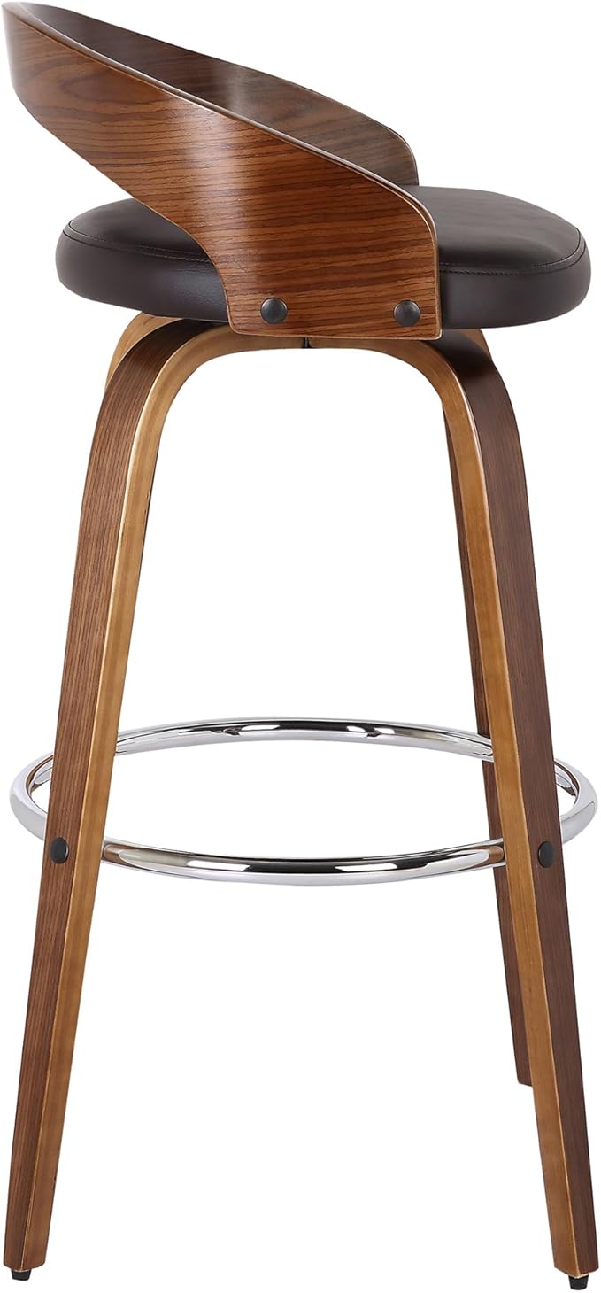 Armen Living Sonia 30" Bar Height Swivel Brown Faux Leather and Walnut Wood Bar - Image 4