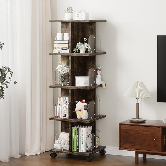 VECELO Rotating Bookshelf with Brake Wheels, 4 Tier Revolving Bookcase - Image 8