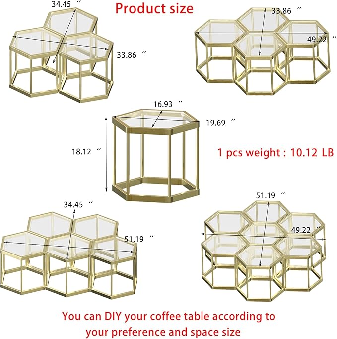 Gold Coffee Table Glass Modern Coffee Table, Hexagon Free Combination Glass - Image 3