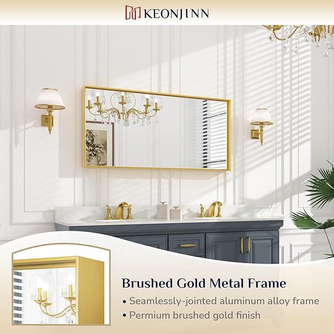 Keonjinn Gold Bathroom Mirrors for Wall 48 x 24 Inch Brushed Gold Frame - Image 7