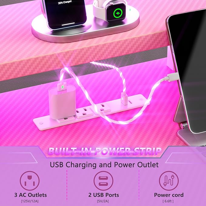 47 Inch Pink Gaming Desk with Power Outlet & LED Lights, Corner Computer Desk - Image 5