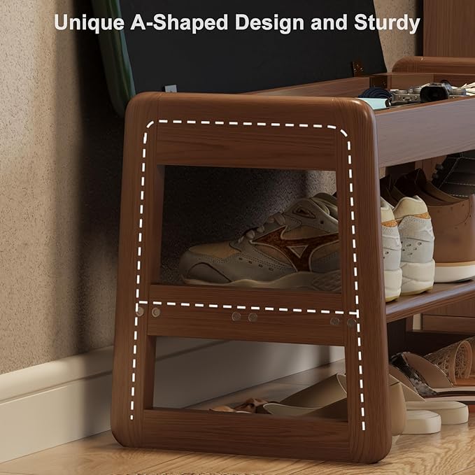 Shoe Rack Bench with Leather Cushion, 2 Tiers Shoe Bench with Flip-Top Storage - Image 7