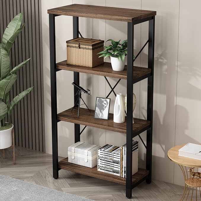 4 Tier Bookshelf, Solid Wood Bookcase Shelf Storage Organizer, Vintage Storage - Image 4