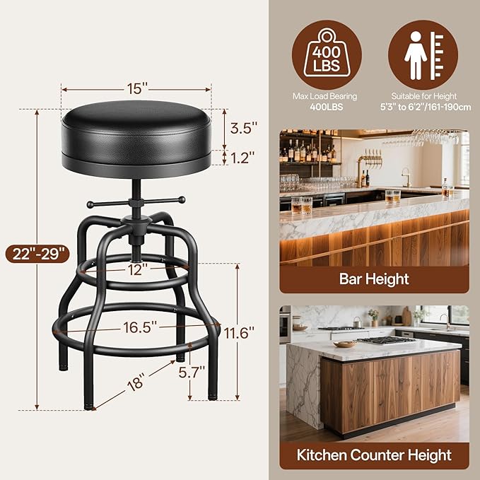 Adjustable Height Swivel Bar Stool, 22-29 Inch Industrial Vintage Bar Counter - Image 2
