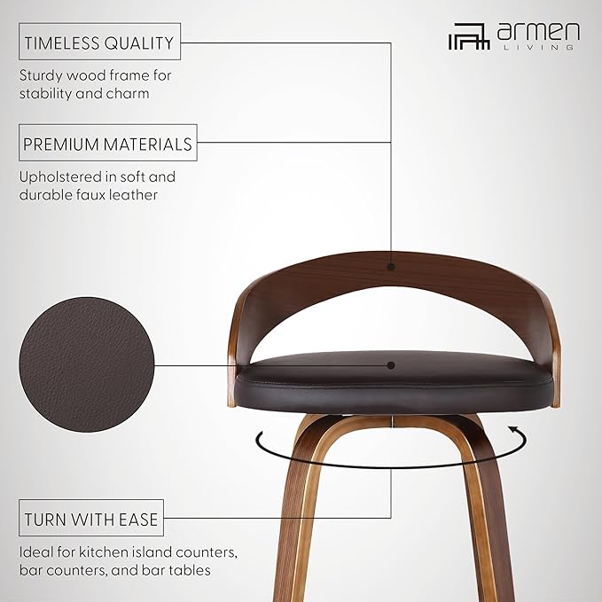 Armen Living Sonia 30" Bar Height Swivel Brown Faux Leather and Walnut Wood Bar - Image 9