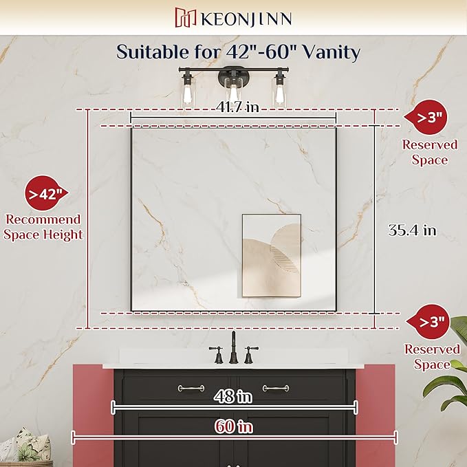 Keonjinn Black Framed Mirror 42 x 36 Inch Bathroom Vanity Mirror - Image 5