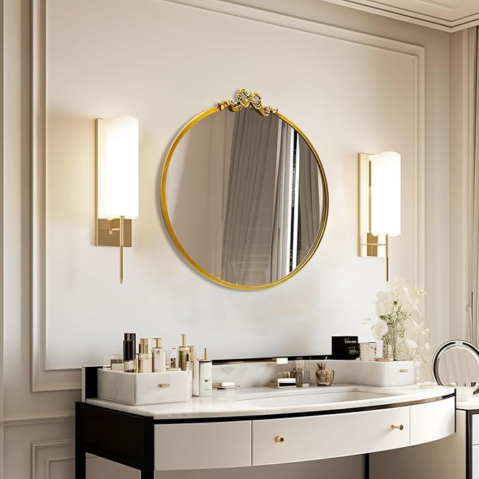 Vintage Gold Round Mirror Decorative Bathroom Vanity Mirrors 27.5inch Antique - Image 3