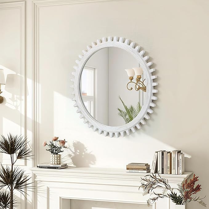 ULIKE Round Wood Mirror, 30 Inch Rustic Farmhouse Circle Mirror - Image 3