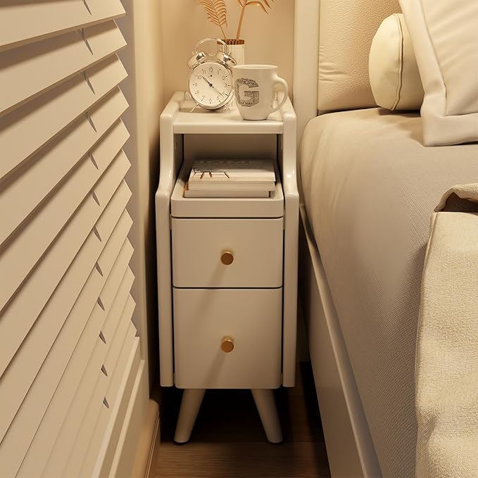 Narrow Nightstand with Drawers, Wood Bedside Table, Small White Nightstand Set - Image 7