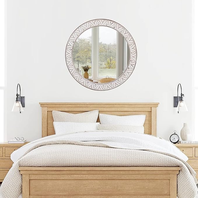 24" Round Mirror Farmhouse Wooden Frame Circle Mirrors, Rustic Decorative - Image 5
