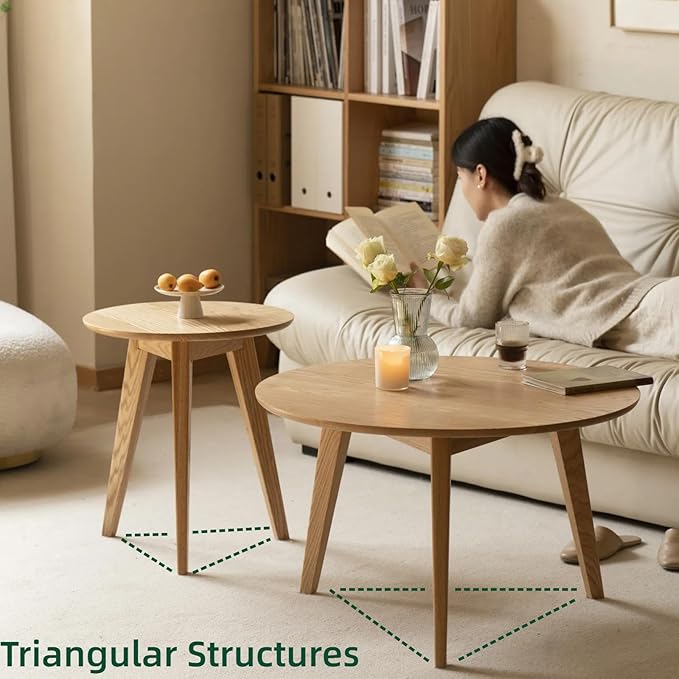 100% Solid Oak Wood Coffee Table Set, Round Coffee Table Combo Side Table - Image 3
