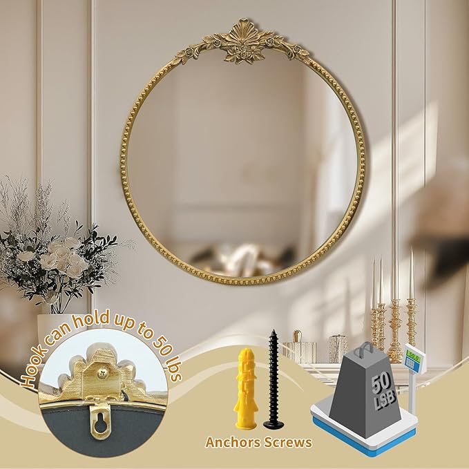 Round Gold Mirror, 24inch Baroque Style Vintage Decorative Circle Wall Mirror - Image 4