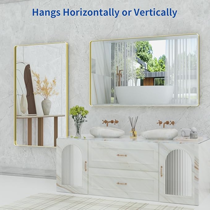 WEER Gold Bathroom Mirror, 60X36 Inch Brushed Gold Metal Frame Mirror, Rounded - Image 5