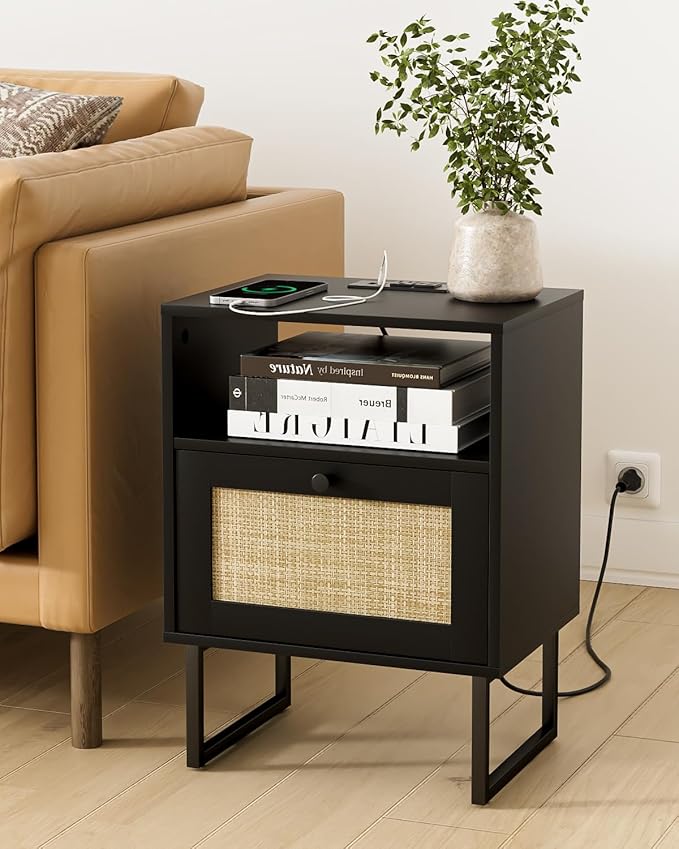 Rattan Nightstand with Charging Station, Boho Night Stand Farmhouse Wood - Image 3