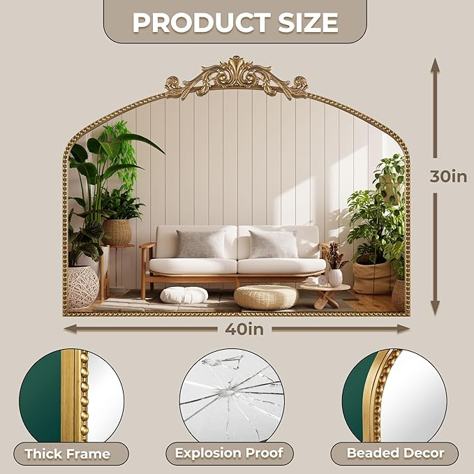 Large Ornate Gold Antique Mirror 40” x 30”, Vintage Wall Mirror - Image 2