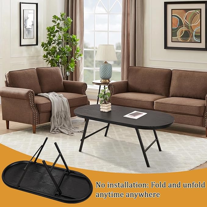 Black Small Coffee Table Wooden Oval Folding Low Coffee Tables - Image 3