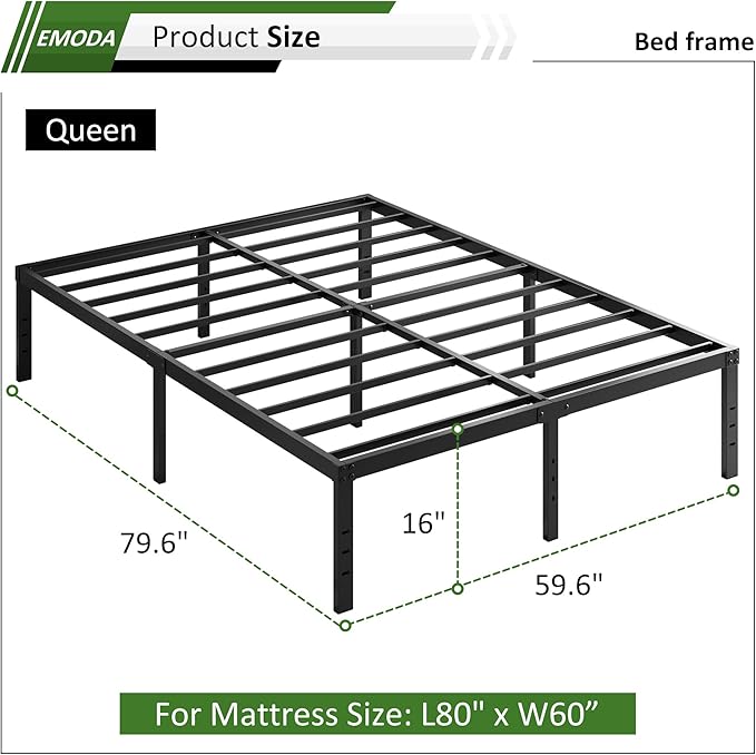 EMODA 16 Inch Bed Frame Queen Size Heavy Duty Metal Platform No Box Spring - Image 3
