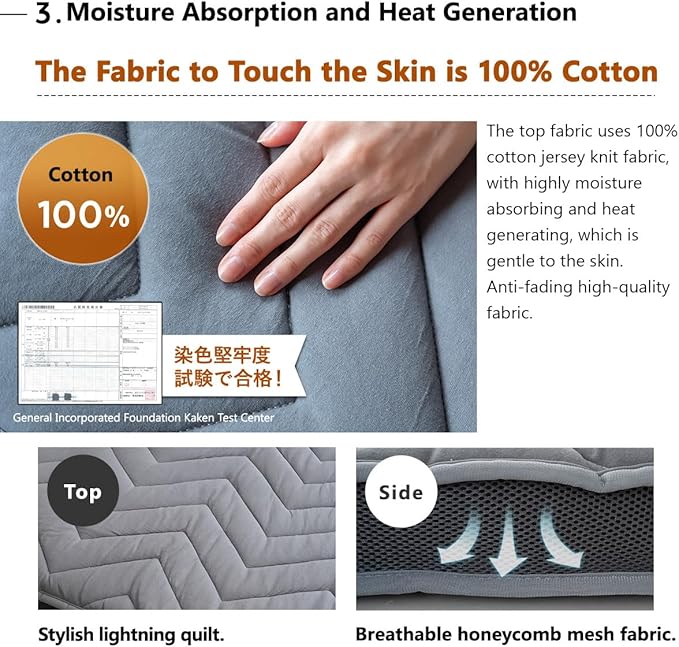 EMOOR Japanese Wool-Blend Padded Futon Mattress GOMA King Dark Gray, Gusset - Image 5