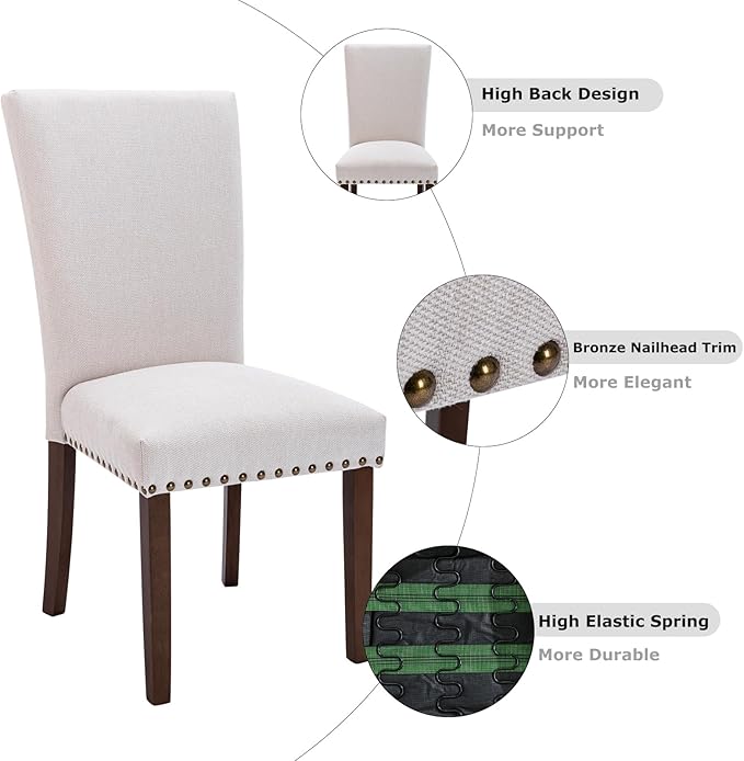COLAMY Upholstered Dining Chairs Set of 4, Parsons Style Linen Beige Accent - Image 3