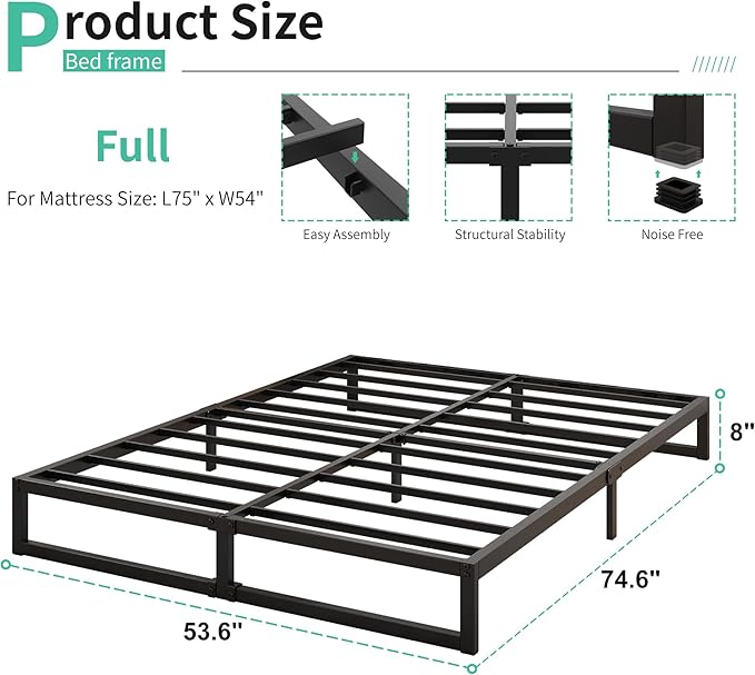 8 Inch Full Bed Frame No Box Spring Needed, Heavy Duty Metal Platform Beds - Image 2