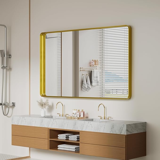 Koonmi Gold Wall Mirror for Bathroom, 36x60 Inch Matte Deep Framed Rounded - Image 8