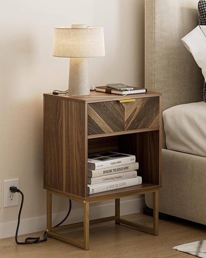 Masupu Nightstand with Charging Station, Modern Night Stand Boho Farmhouse Wood by Masupu