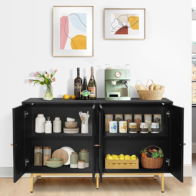 Sideboard Buffets Cabinet with 4 Rattan Doors, Large Storage Accent Cabinet - Image 4