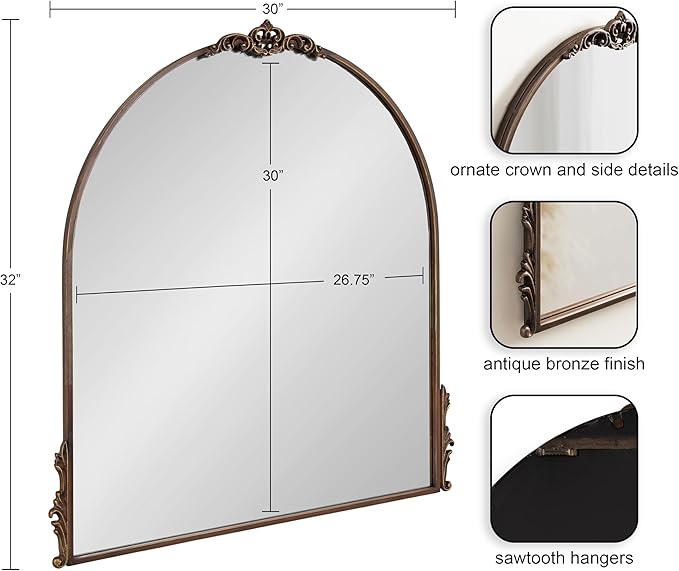 Kate and Laurel Myrcelle Ornate Vintage Arched Mirror, 30 x 32, Decorative Wide - Image 2