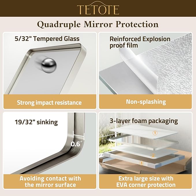 TETOTE Brushed Nickel Mirror 28 x 36 Brushed Nickel Metal Framed Bathroom Mirror - Image 5