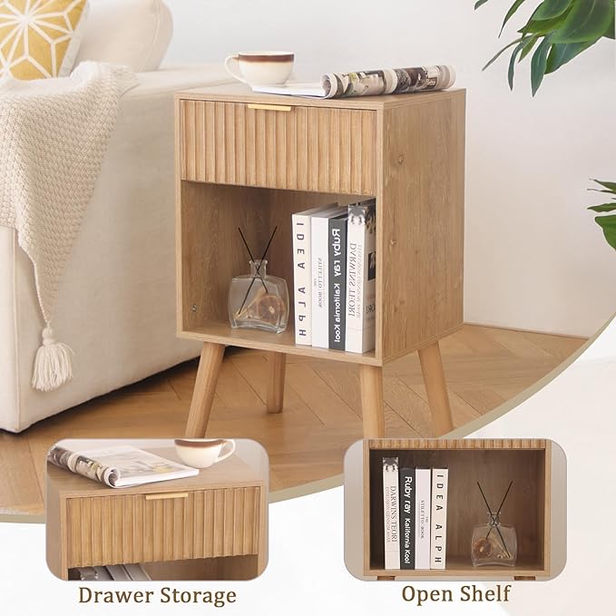 Wood Nightstand with Charging Station, Bedside Table with Fluted Drawers and - Image 6