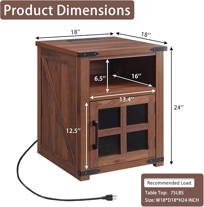 Farmhouse Nightstand with Charging Station, Rustic End Table with Tempered - Image 3