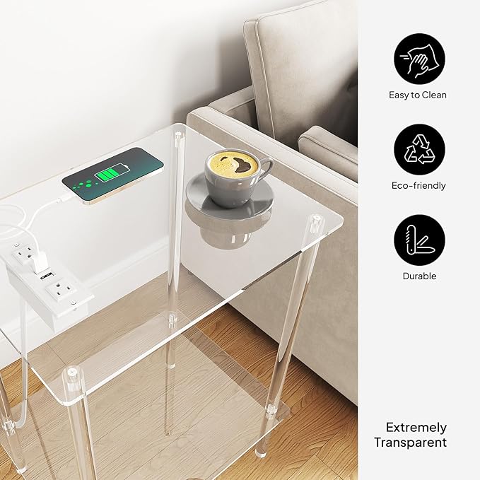 Eglaf Acrylic Side Table with Charging Station & USB Ports - Image 5