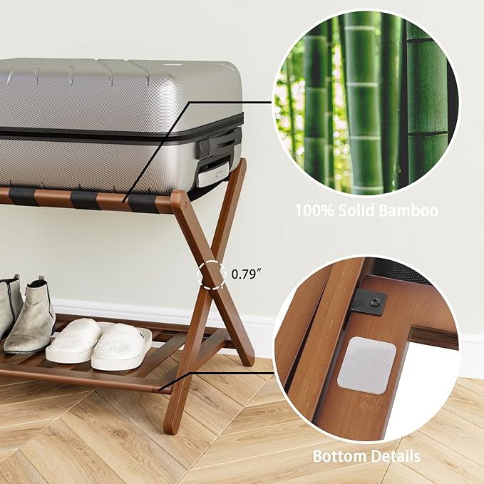 Fully Assembled Walnut Luggage Racks Set of 2, 5 Nylon Straps Folding Suitcase - Image 2