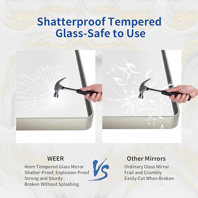 WEER 36X36 Inch Brushed Nickel Bathroom Mirror, Brushed Silver Metal Frame - Image 4