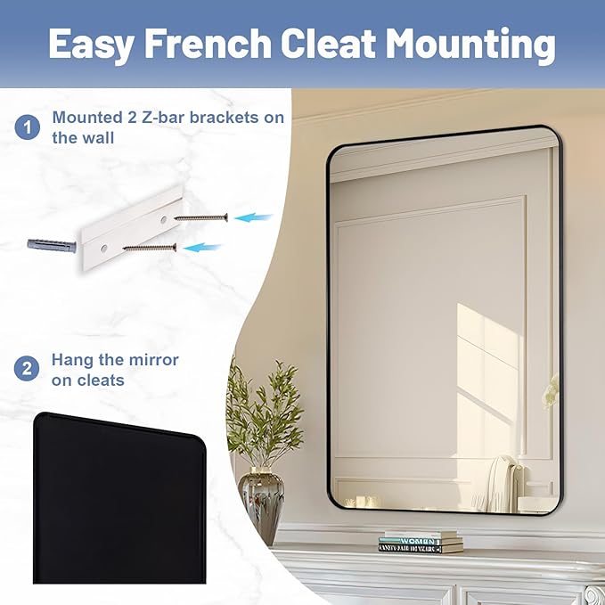 Black Bathroom Mirror 24"x36", Modern Round Corner Bathroom Vanity Mirror - Image 8
