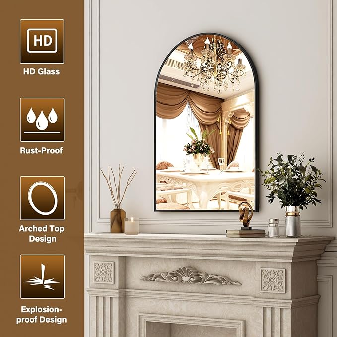 24"x36" Black Arched Bathroom Mirror - Image 5