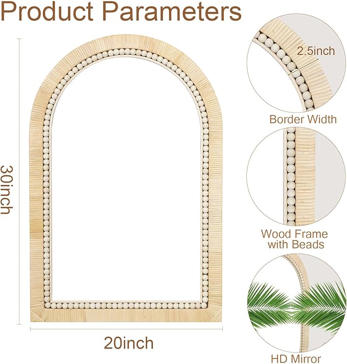 ULIKE Rattan Mirror for Bathroom, 20x30 Inch Arch Rustic Farmhouse Wall Decor - Image 2