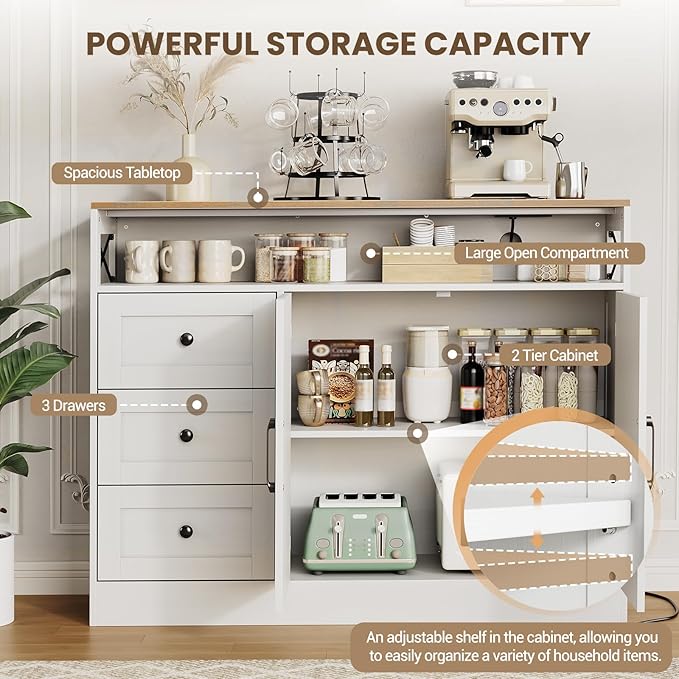 47inch Farmhouse Buffet Sideboard Cabinet, Wood Cupboard Storage Pantry Cabinet - Image 4