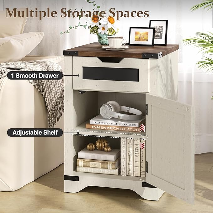 Farmhouse End Table with Charging Station, 26.4" Tall Rustic Nightstand with - Image 3