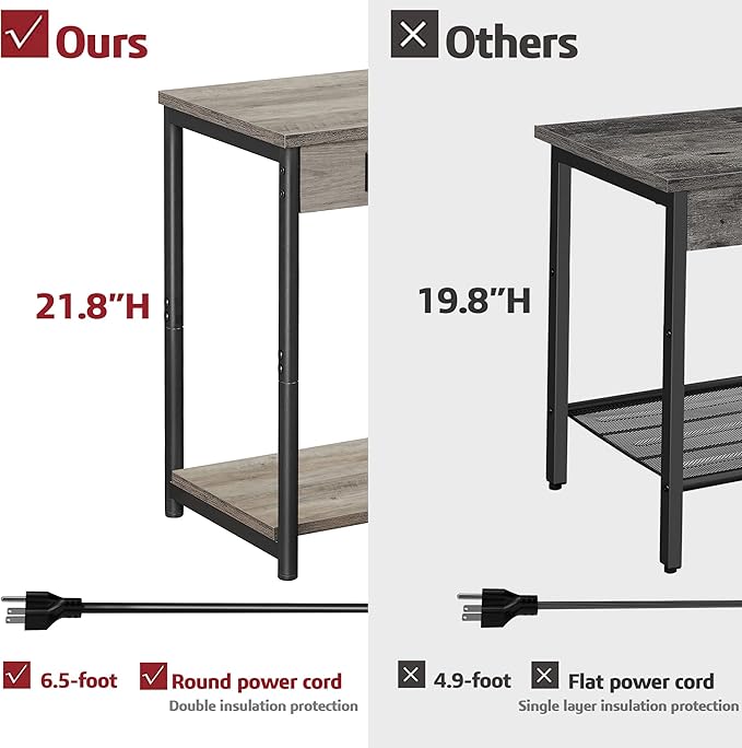 TUTOTAK Small Night Stand with Charging Station, End Table Set of 2, Side Table - Image 3