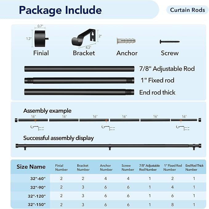 2 Pack Curtain Rods for Windows 48 to 84 Inch, 1 Inch Black Adjustable Heavy - Image 6