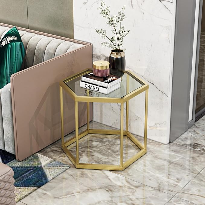 Gold Coffee Table Glass Modern Coffee Table, Hexagon Free Combination Glass - Image 9