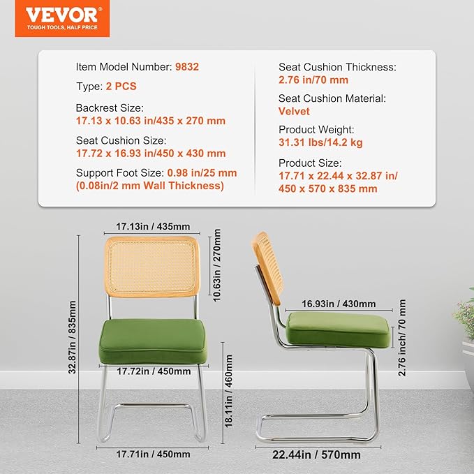 VEVOR Rattan Dining Chairs Set of 2, Mid Century Modern Dining Chair, - Image 3