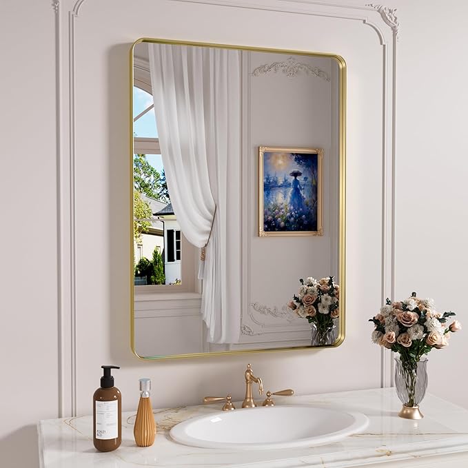 Gold Bathroom Mirror, 24x36 Inch Brushed Gold Metal Frame Mirror by JISOSO